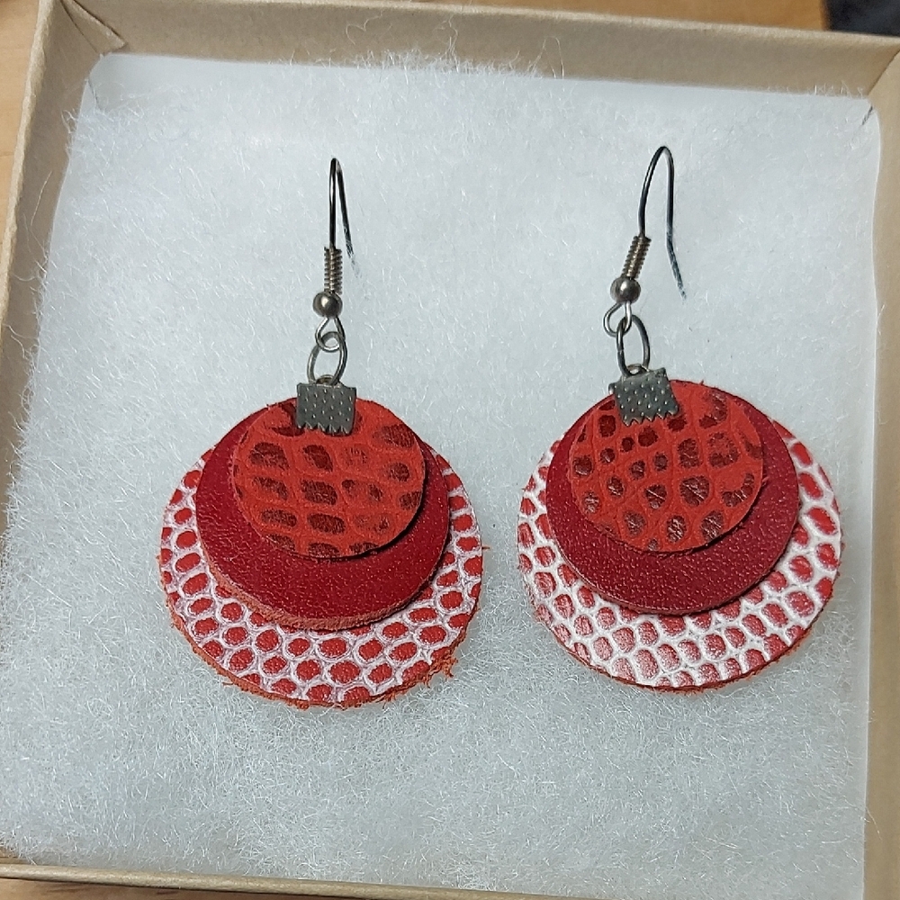 Red Layered Leather Earrings